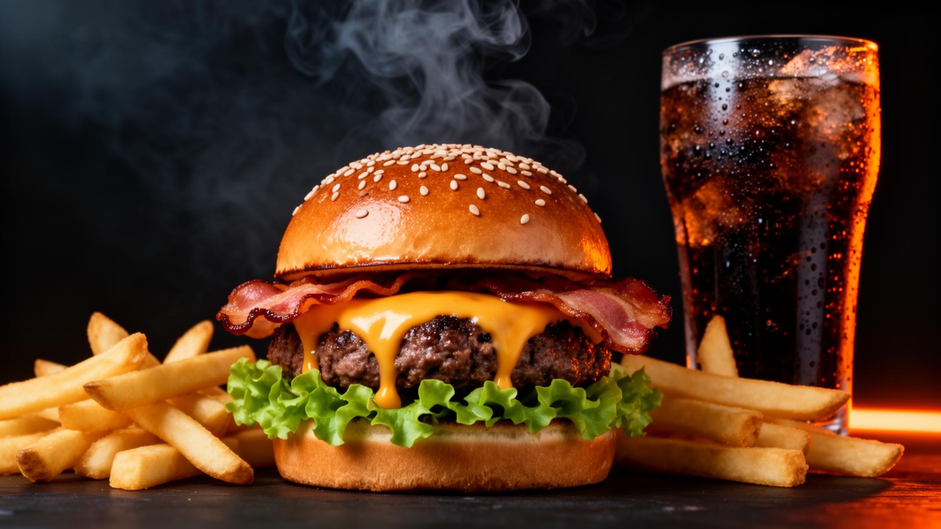 Hambúrguer artesanal do Estaleirinho com queijo derretido, bacon e batatas